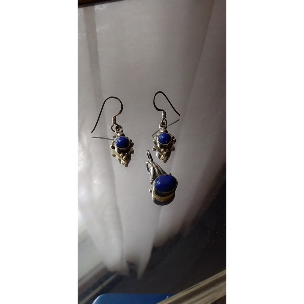 Vintage 925 Sterling Silver Lapis Lazuli Pendant and Earrings Jewelry Set Blue - Picture 7 of 10